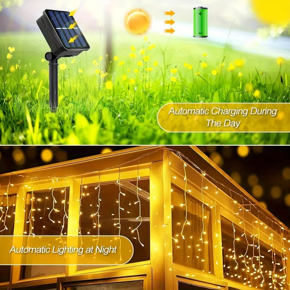 LED Waterproof Curtain String Lights Solar Powered Christmas Icicle Lights For Outdoor Garden Holid 3