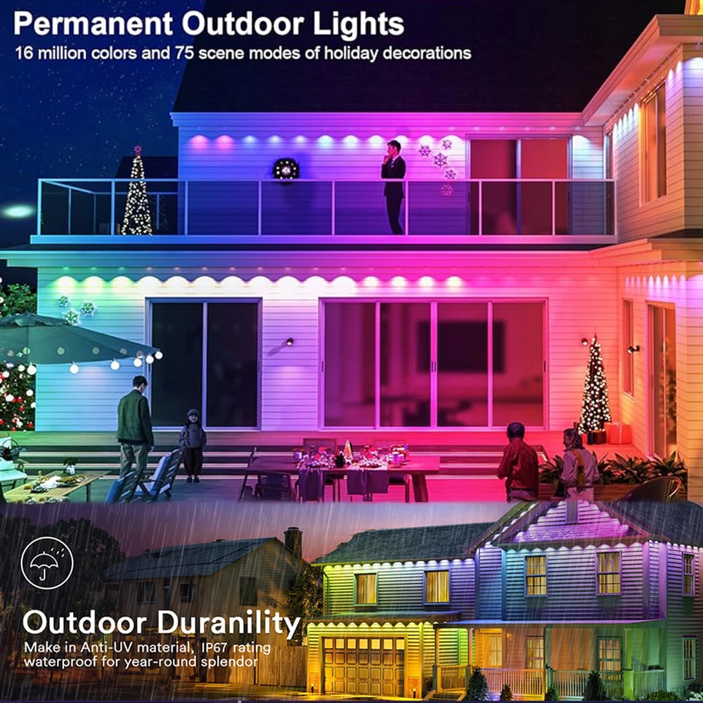 Smart RGB Eave Lights, LED String Lights for Outdoor, App & Remote Controlled, Permanent DIY Christmas, New Year,