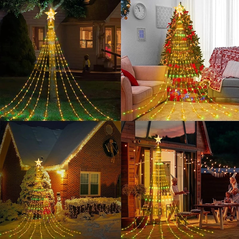 Warm Solar Powered Christmas Tree Fairy Lights with A Star, Colorful Night Party Atmosphere Decor for Christmas Tree Top