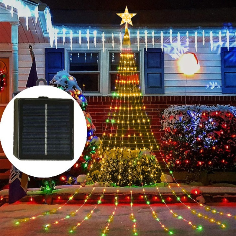 Warm Solar Powered Christmas Tree Fairy Lights with A Star, Colorful Night Party Atmosphere Decor for Christmas Tree Top