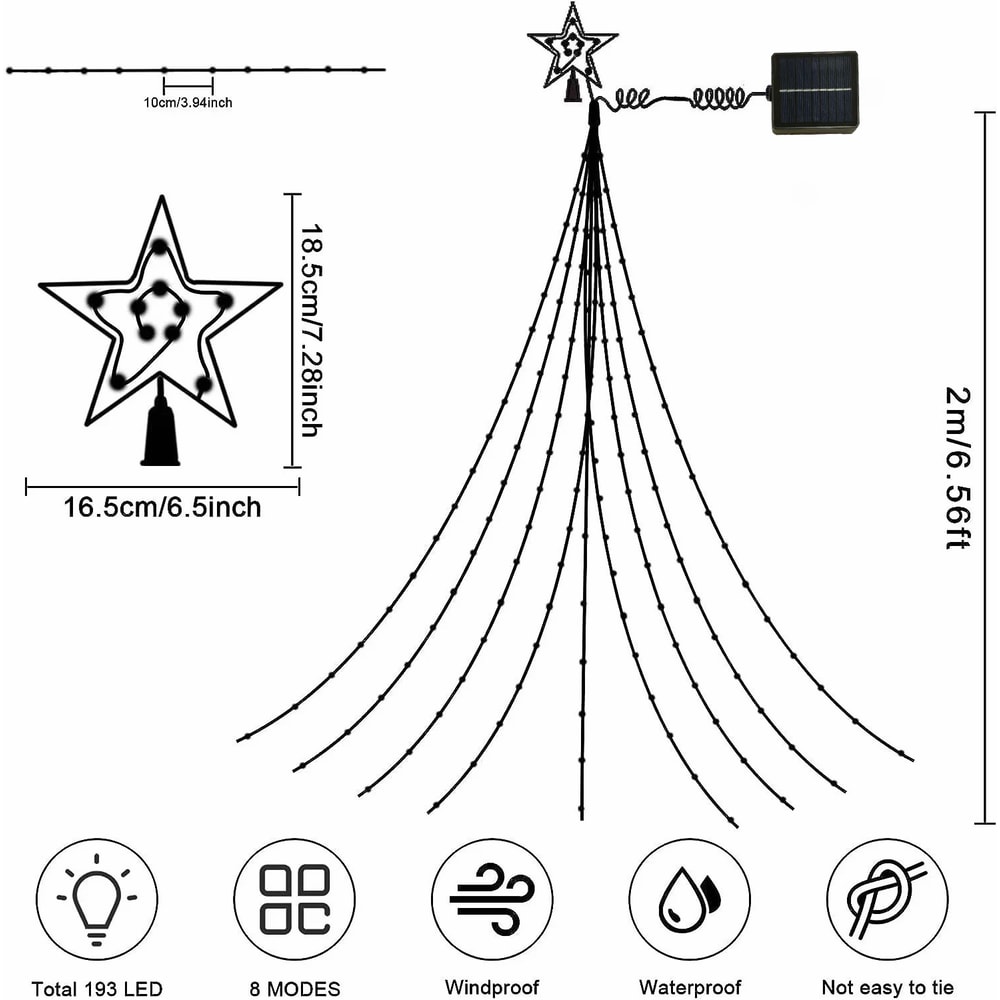 Warm Solar Powered Christmas Tree Fairy Lights with A Star, Colorful Night Party Atmosphere Decor for Christmas Tree Top