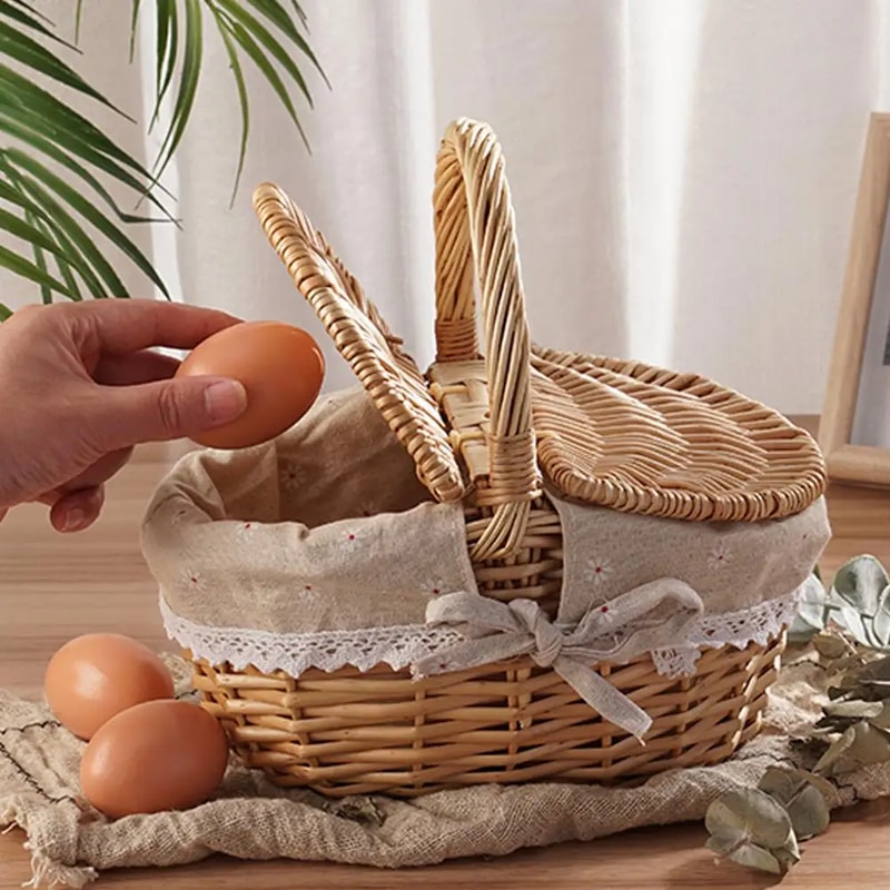 Wicker Picnic Basket with Lid, Handheld Woven Basket, Portable Storage Hamper for Fruits, Snacks, and Sweets for Outdoor