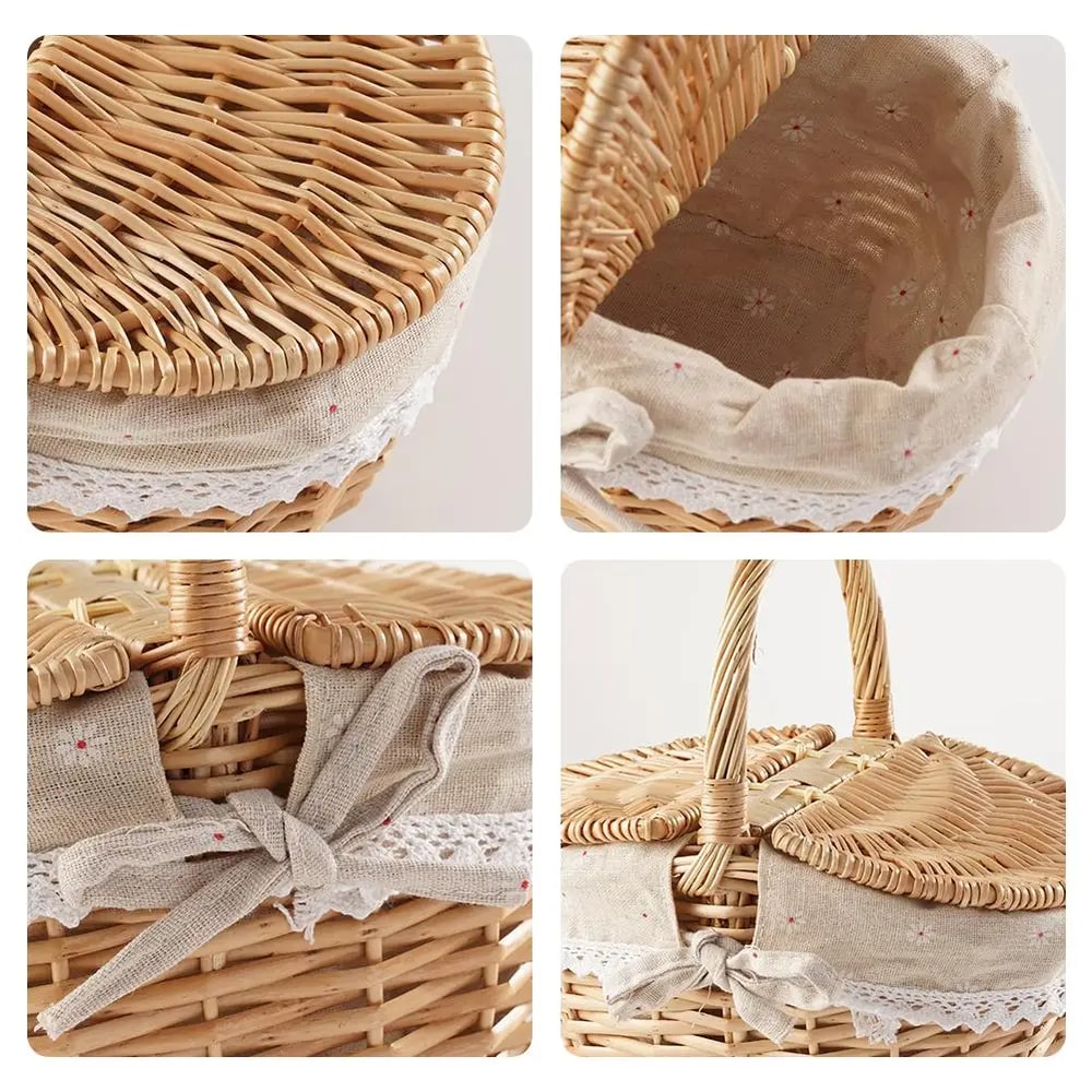Wicker Picnic Basket with Lid, Handheld Woven Basket, Portable Storage Hamper for Fruits, Snacks, and Sweets for Outdoor