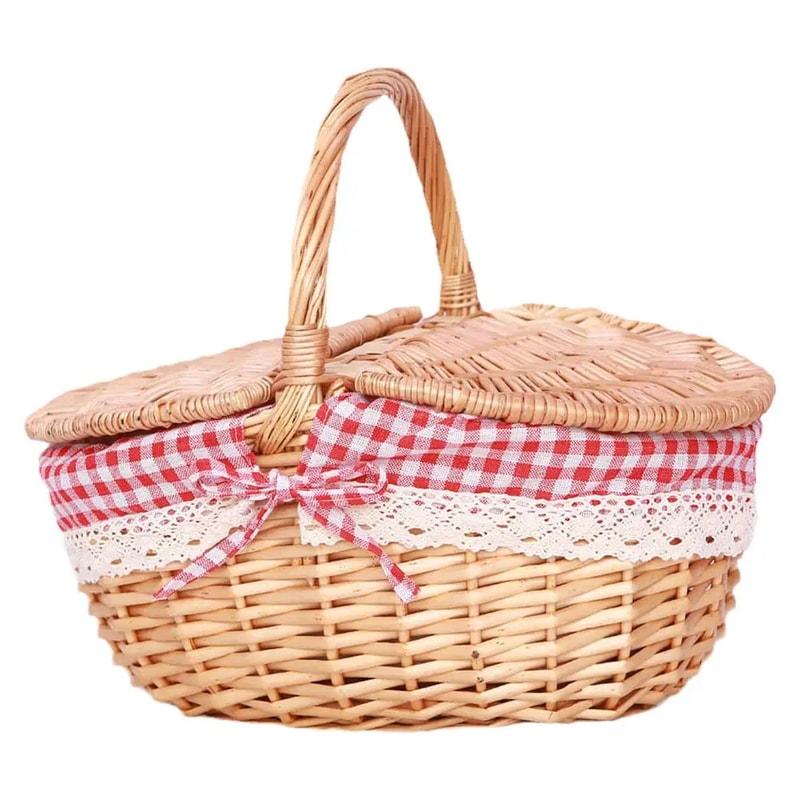 Wicker Picnic Basket with Lid, Handheld Woven Basket, Portable Storage Hamper for Fruits, Snacks, and Sweets for Outdoor