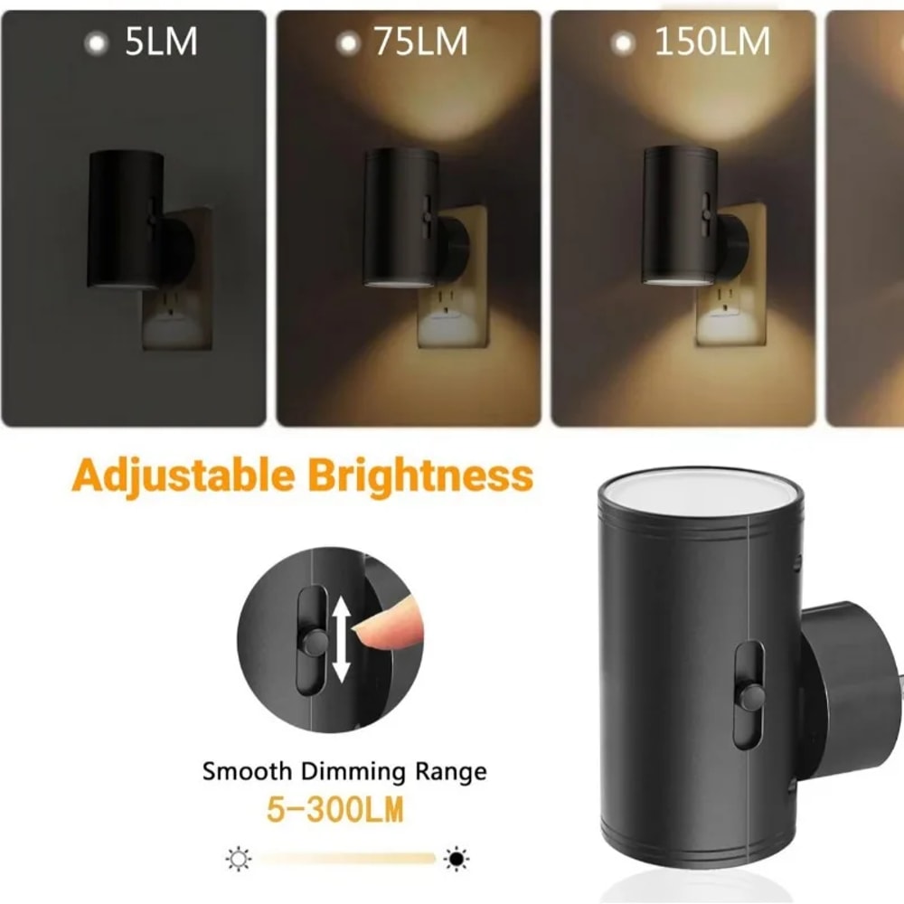 Plug Powered Cylindrical LED Night Light, Modern Wall Lamp with Adjustable Brightness, Sensor Dimmable Night Light