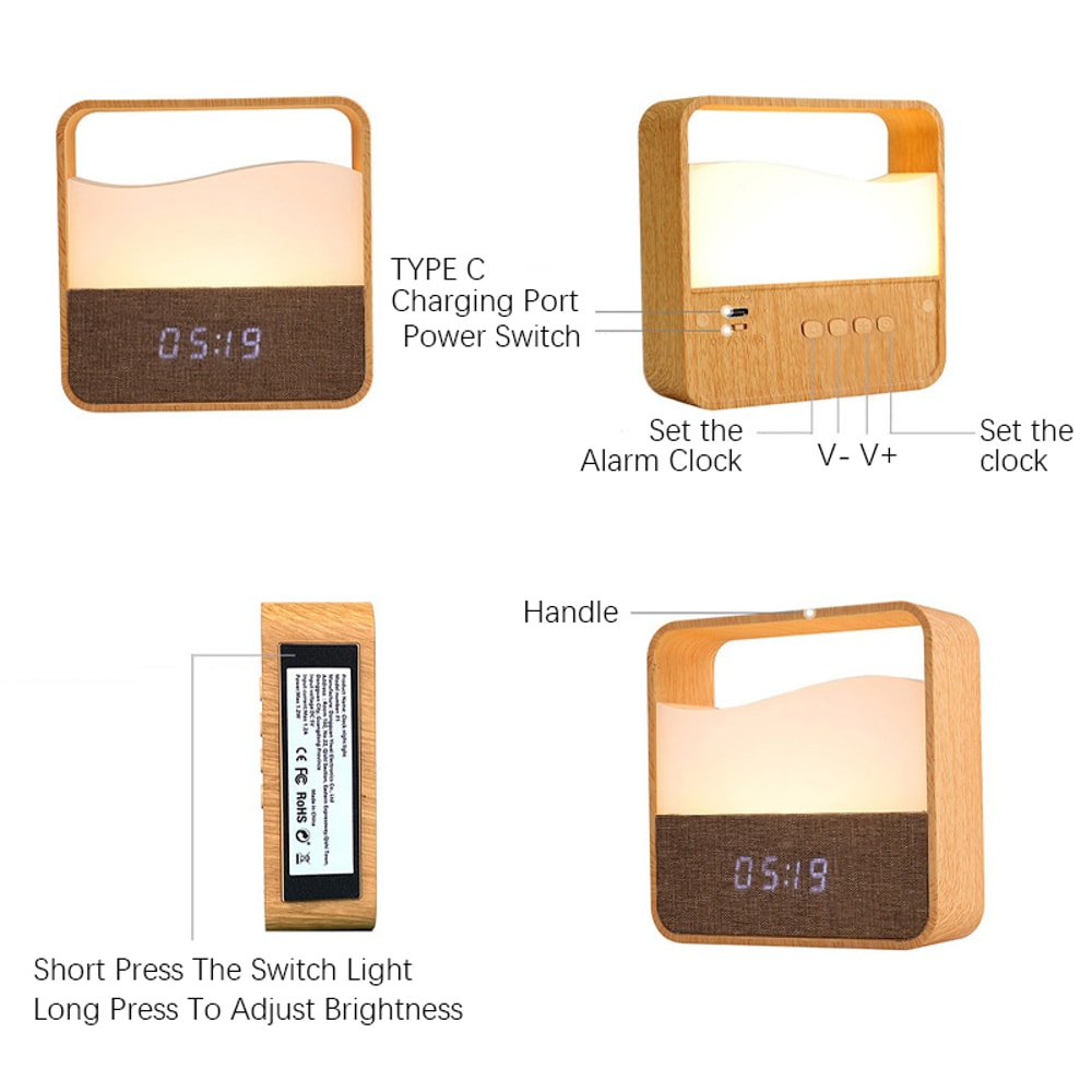 Creative Small Alarm Clock Night Light Wood Grain Bedside Clock Rechargeable Portable Night Light F 4