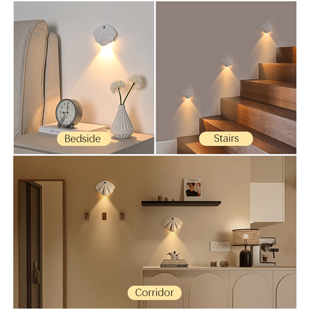 Rechargeable Night Light With Motion Sensor Wireless Magnetic Shell Shape Wall Lamp Dimming For Sta 3