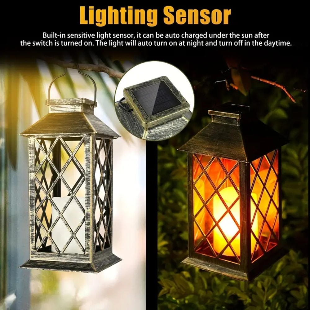 Solar Powered Outdoor Waterproof Courtyard Lights Hollowed Out Candle Holders Retro Pendant Lights 3
