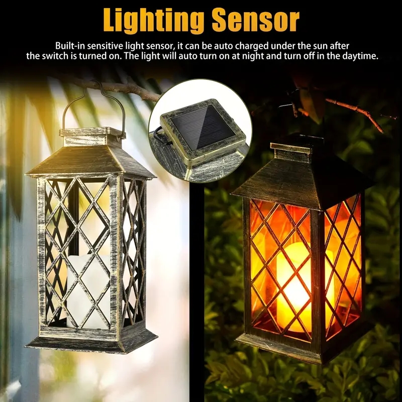 Solar Powered Outdoor Waterproof Courtyard Lights Hollowed Out Candle Holders Retro Pendant Lights 3