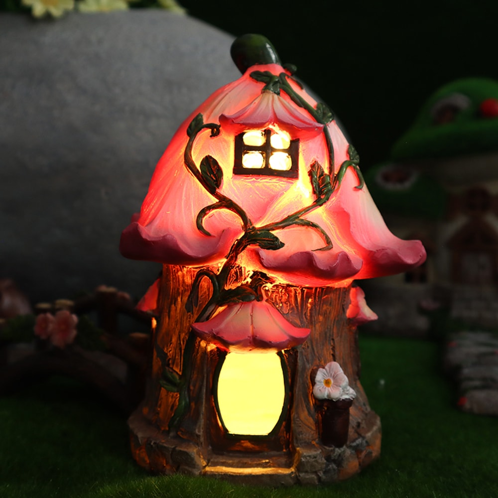 Solar Powered Garden Figurines Light Creative Mushroom House Flower House Ornaments For Yard Lands 0