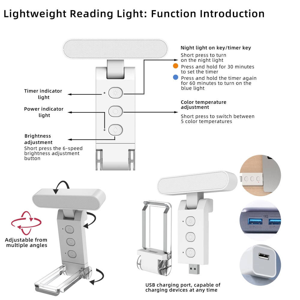 USB Clipon Reading Light Portable Rechargeable Book Clip Lamp For School Fold Able LED Bookmark Lig