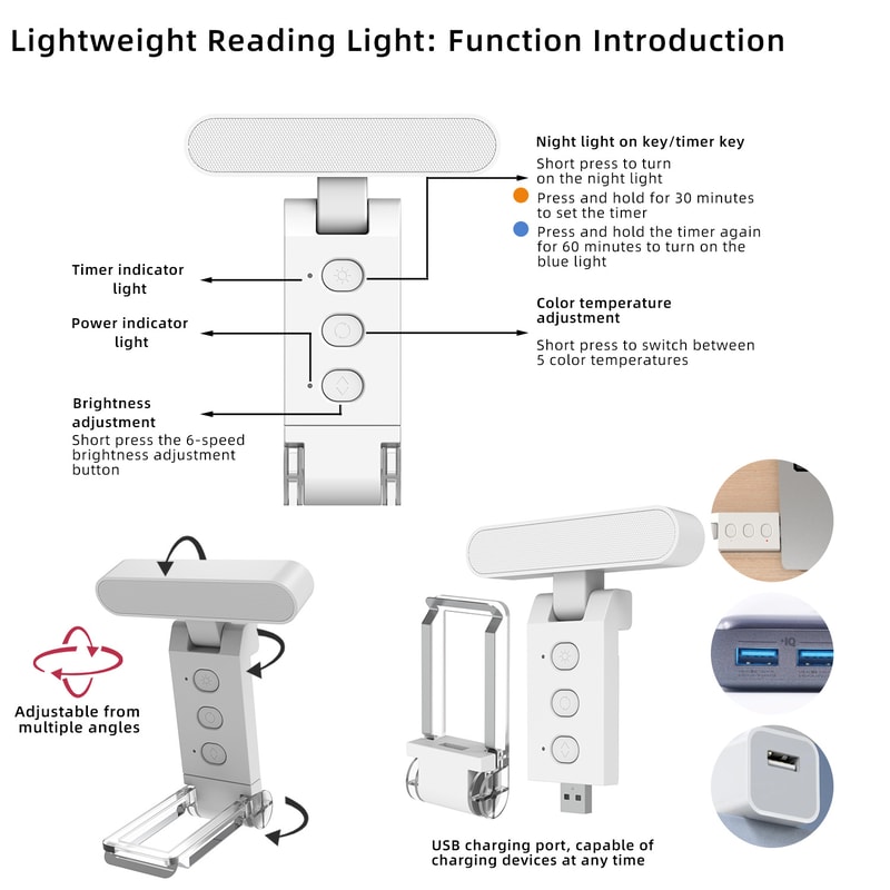 USB Clipon Reading Light Portable Rechargeable Book Clip Lamp For School Fold Able LED Bookmark Lig