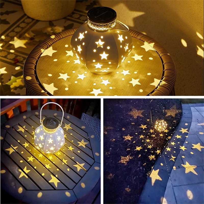 Hanging Solar Lights Outdoor, Retro Solar Lanterns with Handle, Garden Star Projector Lamp, Decorative Solar Lamp