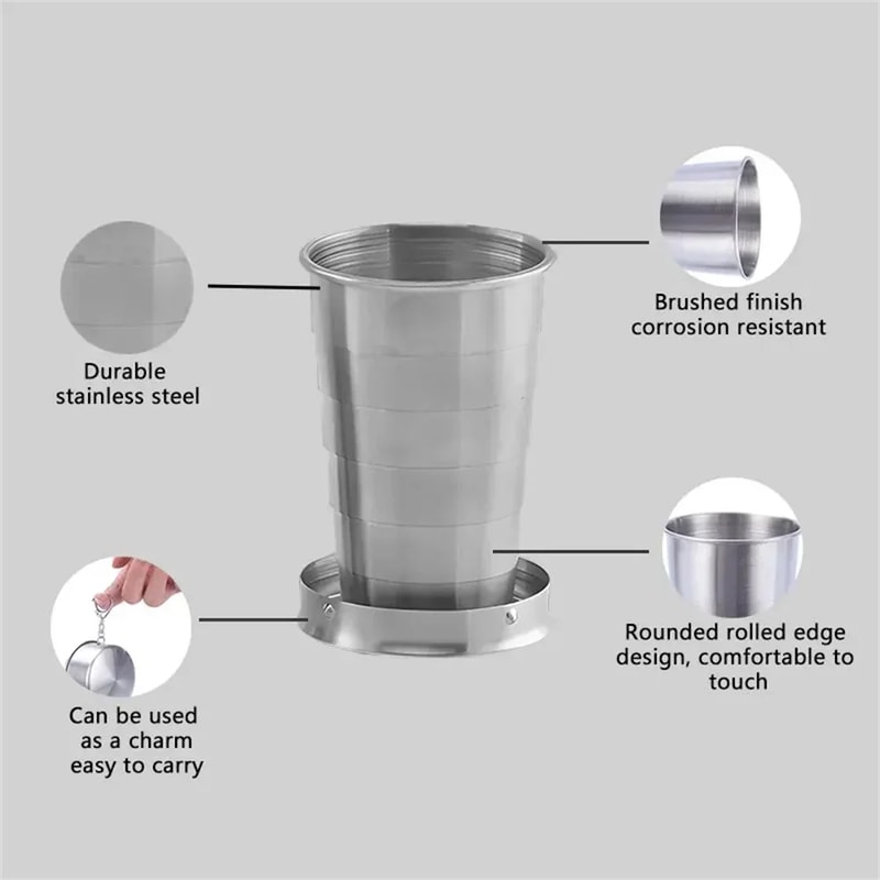 Stainless Steel Portable Water Drinking Cup Folding Cup Retractable Telescopic Collapsible Cups Out