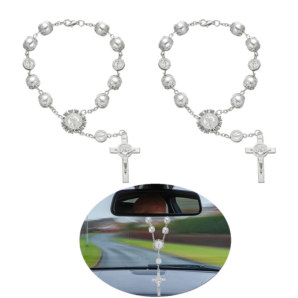 Car Ornaments Retro Imitation Pearl Cross Hanging Car Rear Ornament Auto Interior View Mirror 0