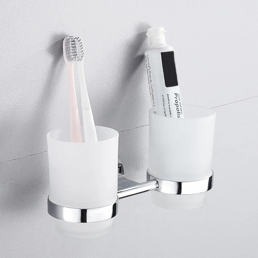 Double Tumbler Cup Holder Tooth Brushing Cup Bathroom Supplies Toothbrush Holder Wall Mount Strong 3
