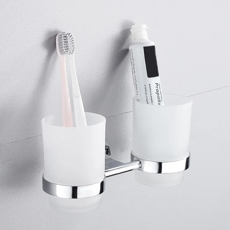 Double Tumbler Cup Holder Tooth Brushing Cup Bathroom Supplies Toothbrush Holder Wall Mount Strong 3