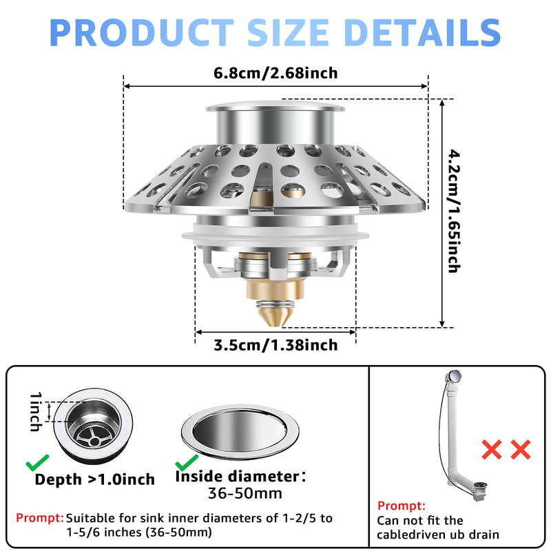 Bathtub Filter Sink Leak-proof Pop Up Brass Sink Strainer, Drain Basket, Stopping Blockage Bouncing Core Stopper