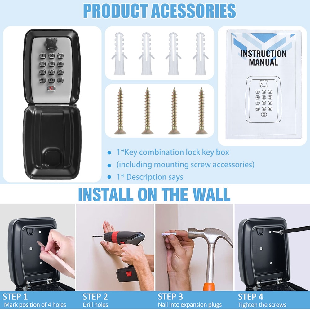 WallMount Key Storage Box Portable Combination Key Holder Secret Code Weatherproof Safe For Home Of 3