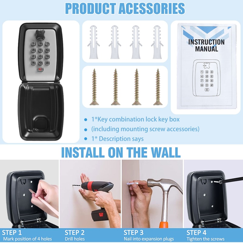 WallMount Key Storage Box Portable Combination Key Holder Secret Code Weatherproof Safe For Home Of 3
