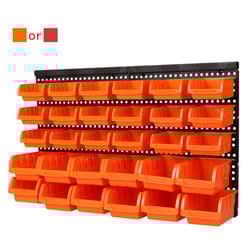 garage wall organisation bins, hanging wall mount board, tool storage plastic, workshop box storage rack