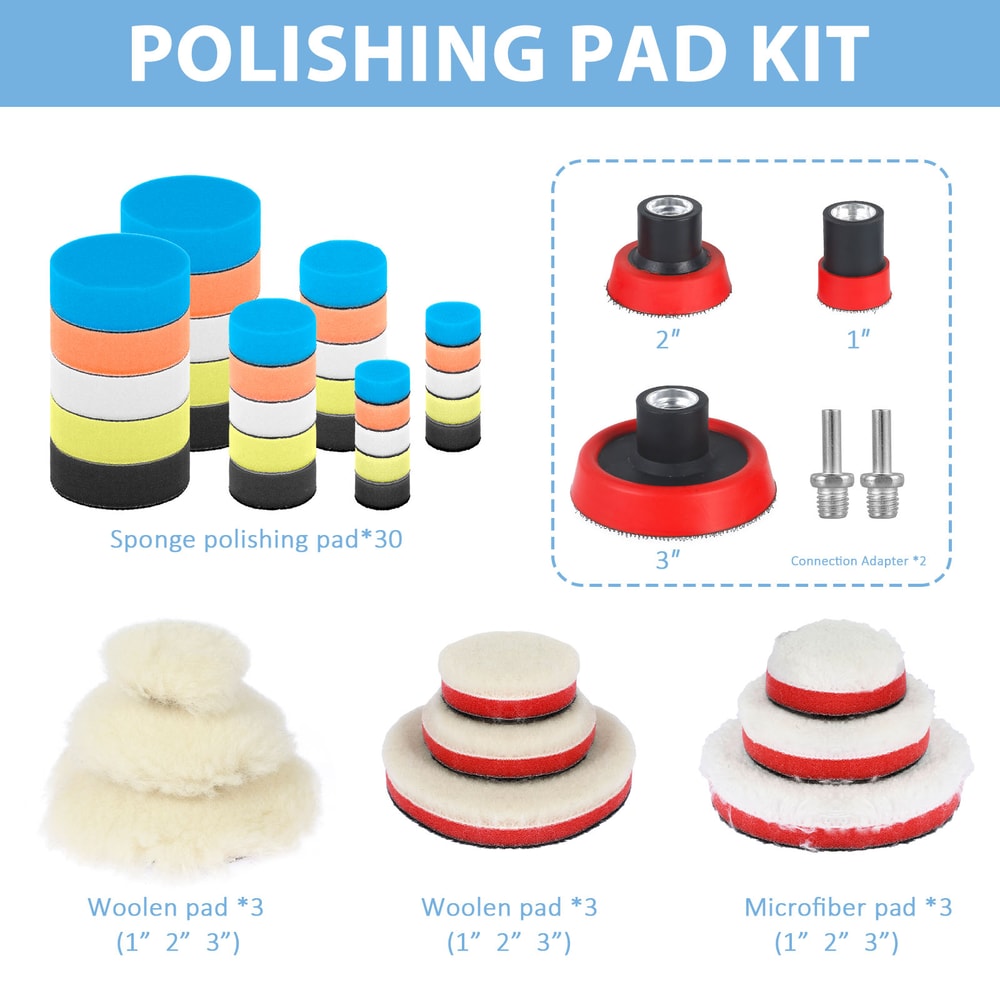 Car Polishing Pad Kit Microfiber Polishing Pads With Thread Adaptors Mix Size Reusable Sponge Pads 4