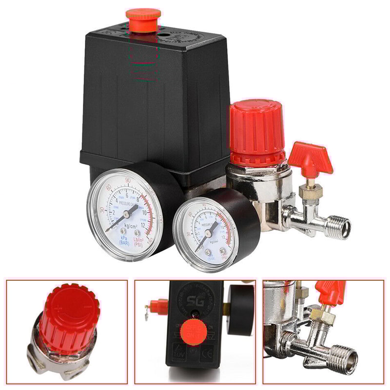 Air Compressor Pressure Switch Safety Valve Manifold Regulator Gauges BSP Pneumatic Tool Part 5