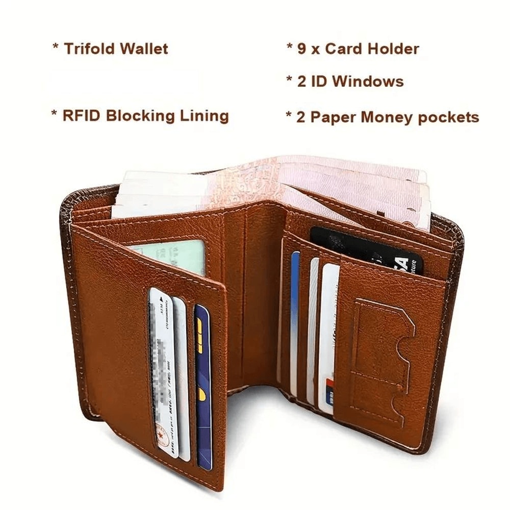 Genuine Leather Trifold Wallet RFID Secure Men Card Holder With Photo Slot 5