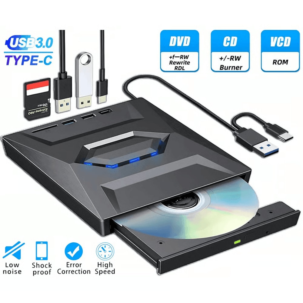 Portable External CD DVD Drive 3in1 Burner Player For PC Mac SDUSB Hub 11