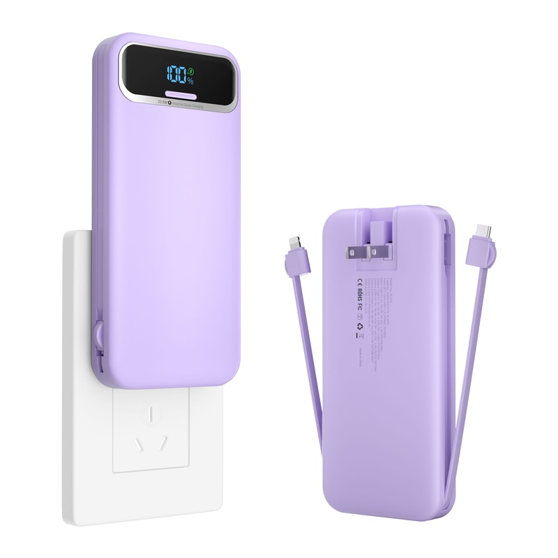 Ultra Thin 12000mAh Fast Charging Power Bank with Built In Cables and AC Plug