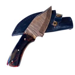 a beautiful custom handmade damascus hunting/skinner knife with leather sheath