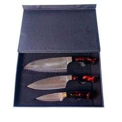 3 pcs handmade damascus chef knife set with black red acrylic handle – professional kitchen knife for precision cutting
