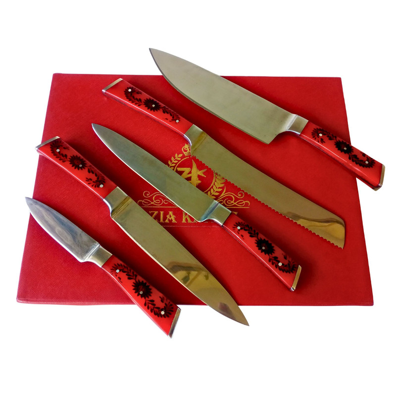 5 PCS Handmade Stainless Steel Chef Knives Set With Red Acrylic Handle  Professional Kitchen Knife  1