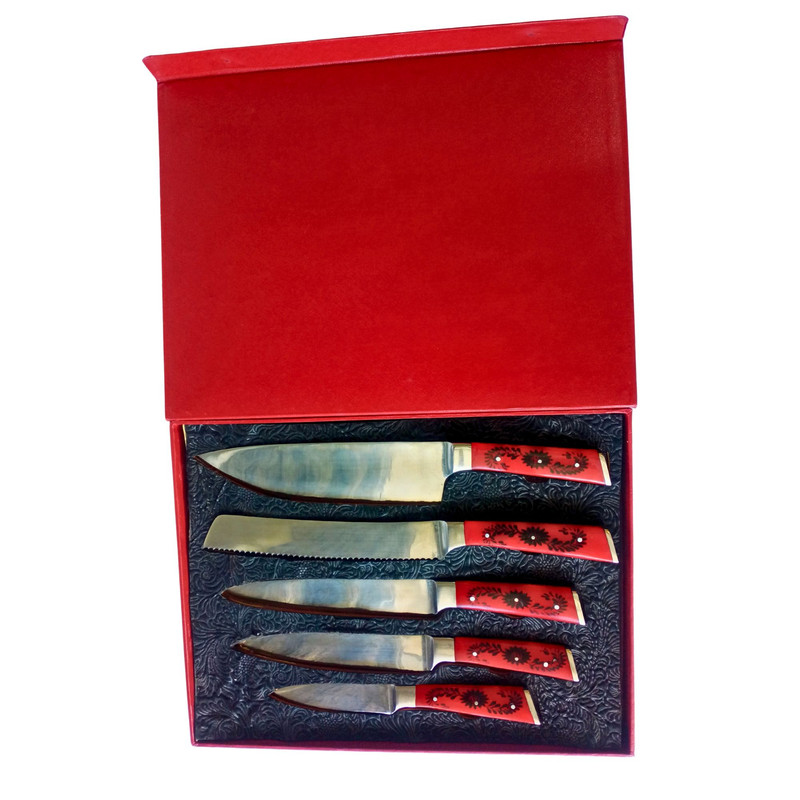 5 PCS Handmade Stainless Steel Chef Knives Set With Red Acrylic Handle  Professional Kitchen Knife  0