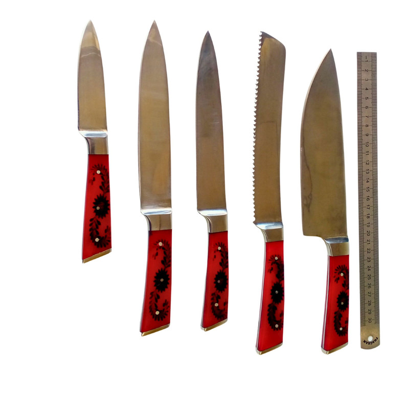 5 PCS Handmade Stainless Steel Chef Knives Set With Red Acrylic Handle  Professional Kitchen Knife  2
