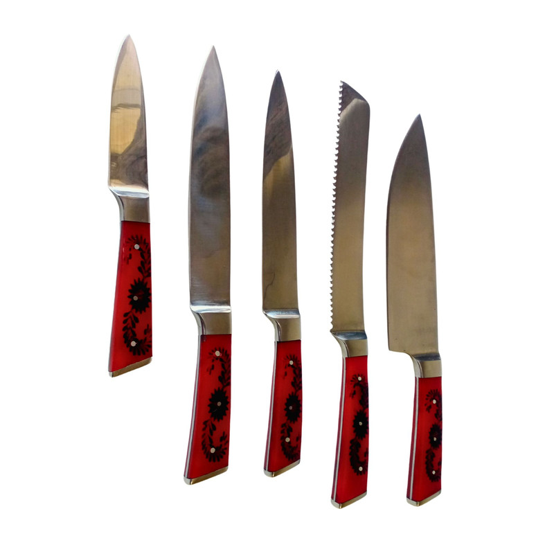 5 PCS Handmade Stainless Steel Chef Knives Set With Red Acrylic Handle  Professional Kitchen Knife  4