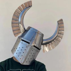 medieval knight templar horned helmet | fantasy warrior helmet | great templar