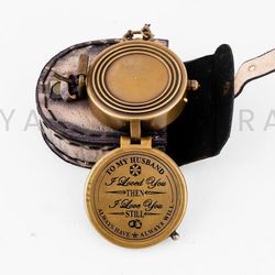 engraved brass working compass with 2-inch leather cover gift for him, nautical collectible,