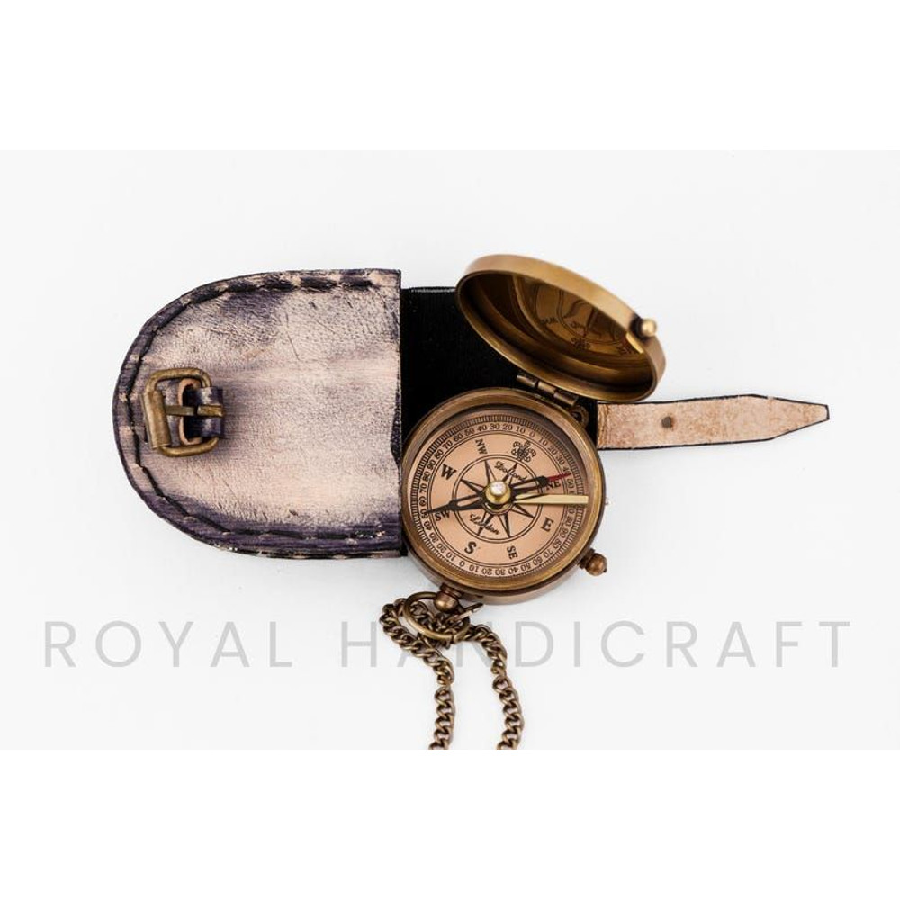 Engraved Brass Working Compass With 2Inch Leather Cover Gift For Him Nautical Collectible 1