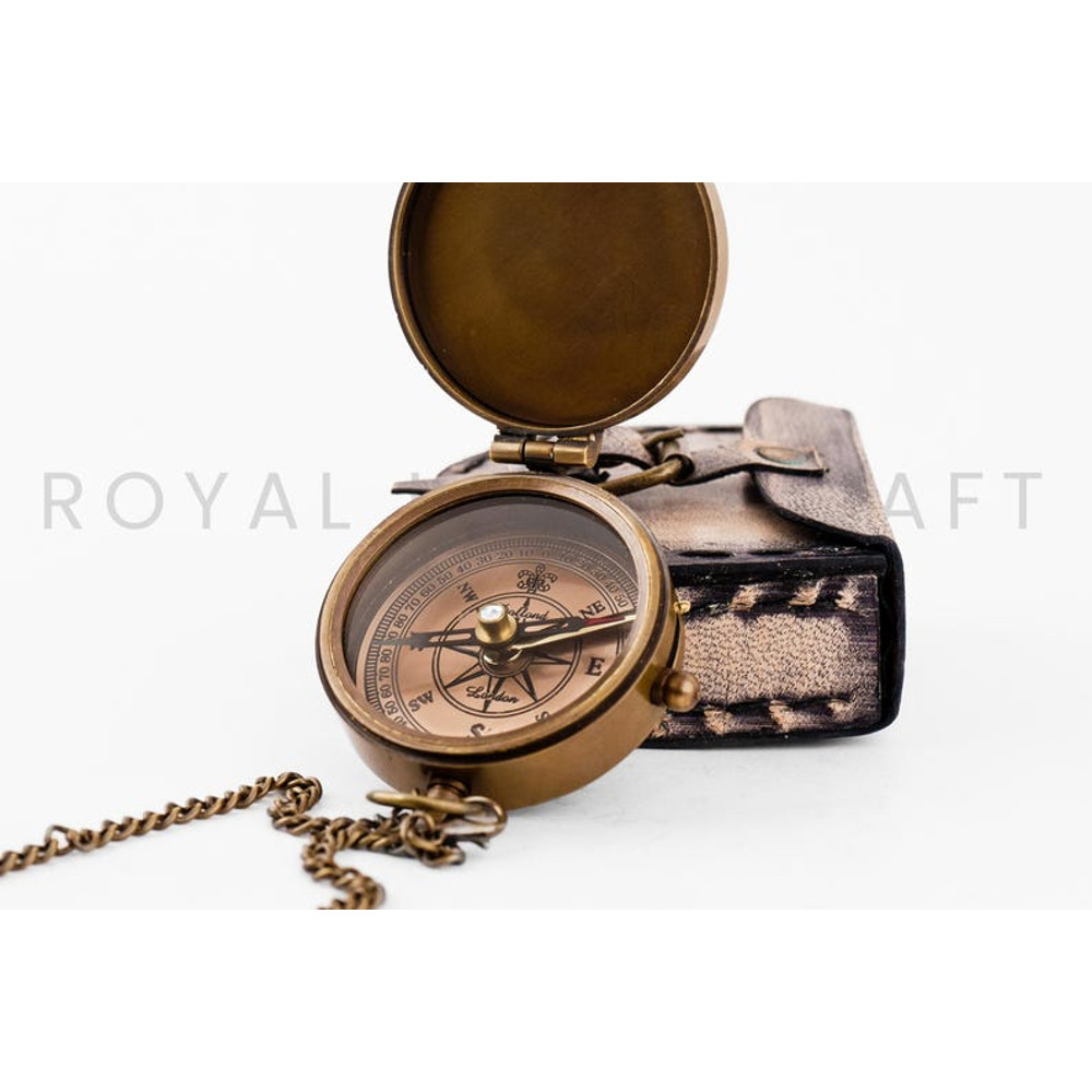 Engraved Brass Working Compass With 2Inch Leather Cover Gift For Him Nautical Collectible 3