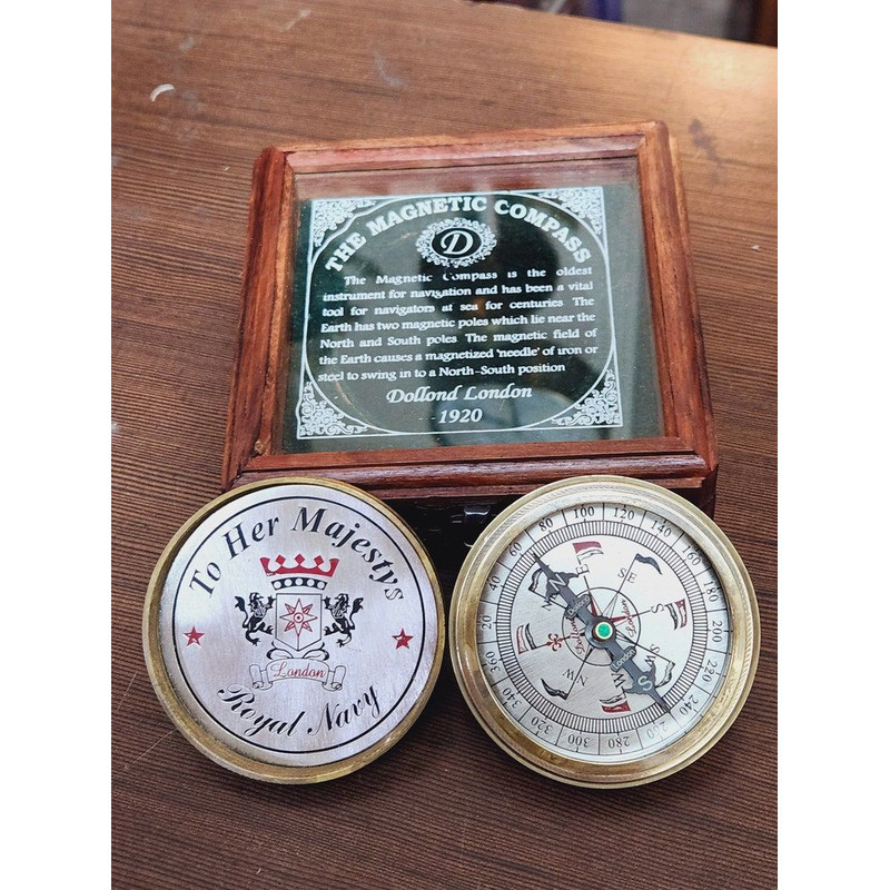 Brass And Silver Quoted Magnetic Compass With Engraved Glass Box  Nautical Gift Set To Her Majesty 0