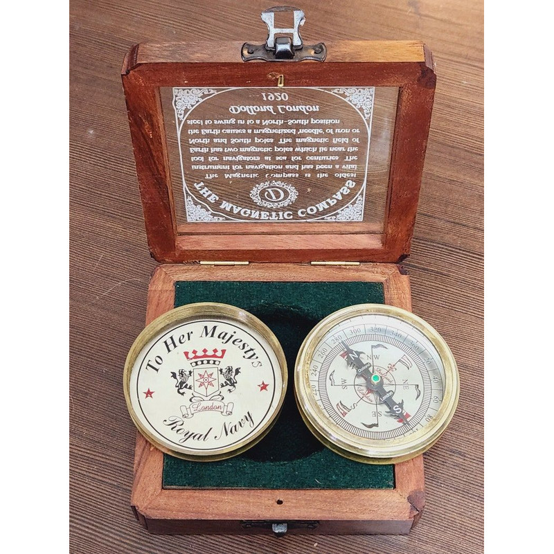 Brass And Silver Quoted Magnetic Compass With Engraved Glass Box  Nautical Gift Set To Her Majesty 5