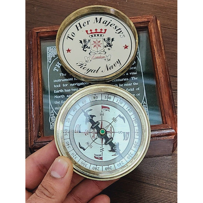 Brass And Silver Quoted Magnetic Compass With Engraved Glass Box  Nautical Gift Set To Her Majesty 6