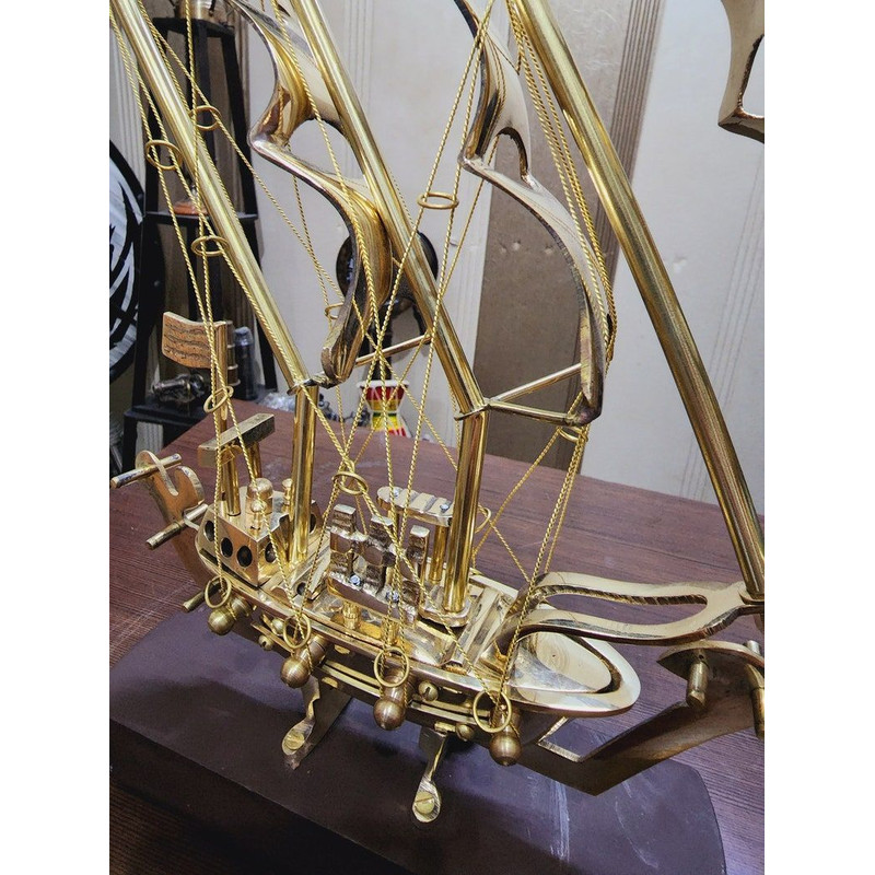 Handcrafted 12Inch Pure Brass Ship Model With Wooden Base  Nautical Home  Office Decor 0