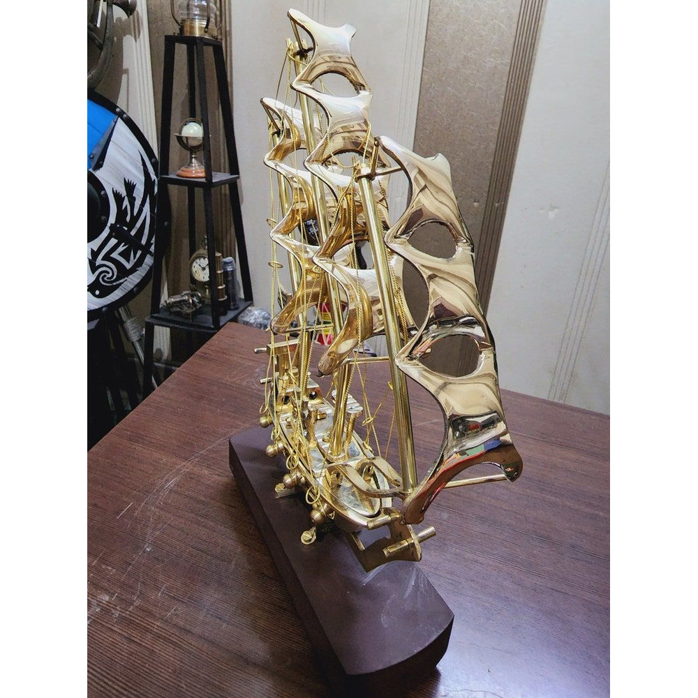 Handcrafted 12Inch Pure Brass Ship Model With Wooden Base  Nautical Home  Office Decor 1