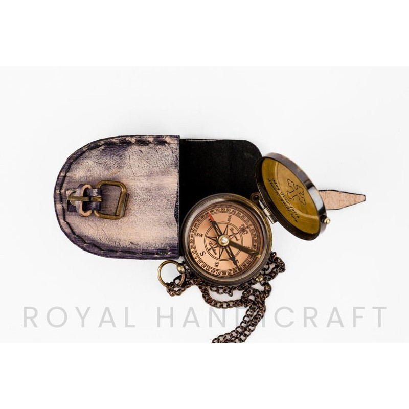 Cross Sign Brass Working Compass With 2Inch Leather Cover Gift For Him Nautical Collectible Adventu
