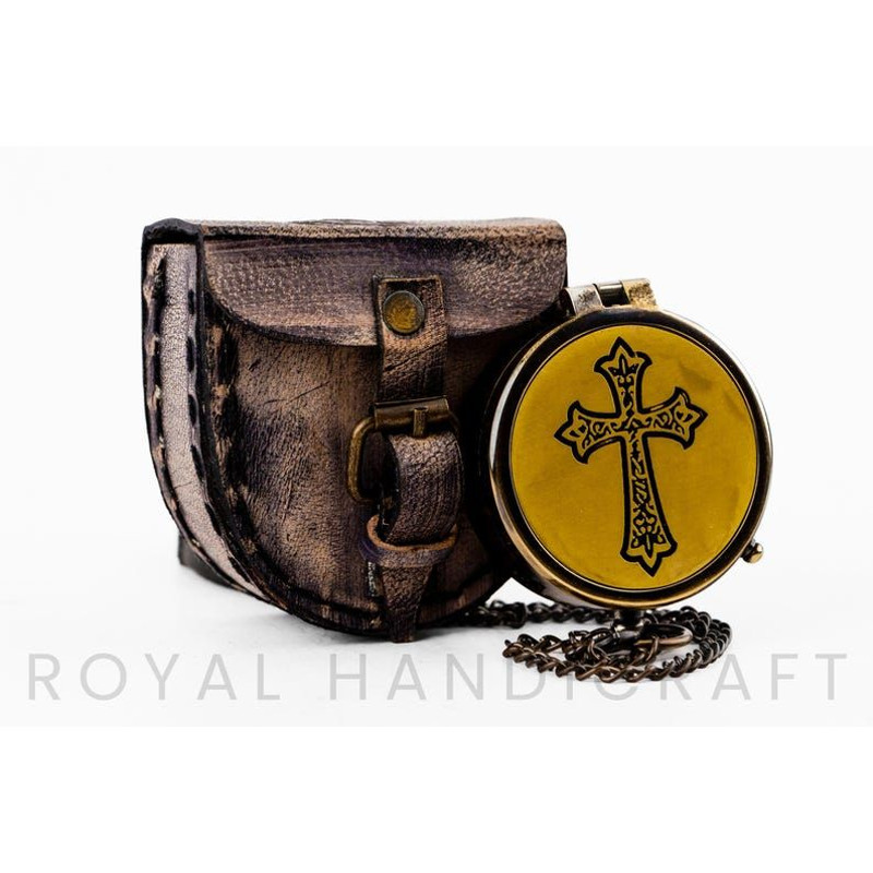 Cross Sign Brass Working Compass With 2Inch Leather Cover Gift 6