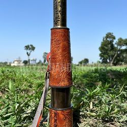 handcrafted brass 32-inch leather carved telescope