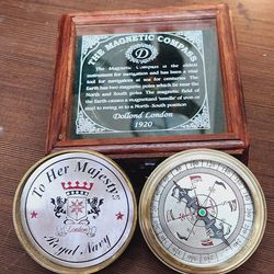brass and silver quoted magnetic compass
