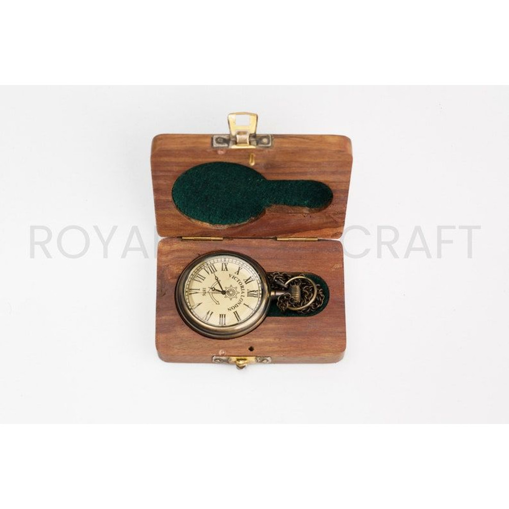 Stylish Pocket Watch Victorian Brass London 1876 Steampunk Chain And Battery With Wooden Box 0